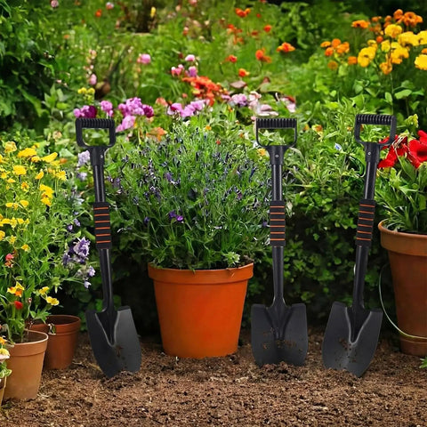 Four Piece 27 Inch Curved D Handle Shovel Set For Gardening And Digging, three mini spades in a colorful garden, 27-inch size visible