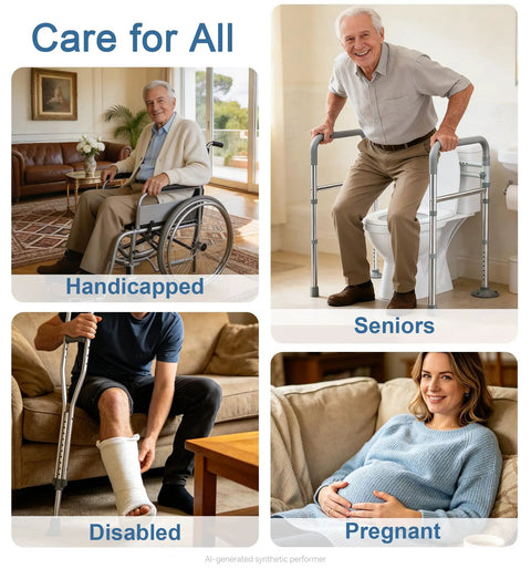 Rock Solid Adjustable Toilet Safety Rail And Grab Bar For Seniors, Supports Up To 350 Pounds With Reinforced Pivot Clamps for bathroom stability.