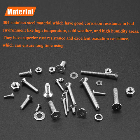 1500 Piece Hella Durable Metric Socket Cap Screw Hardware Kit 304 Stainless Steel Countersunk Head Bolts, nuts and washers laid out