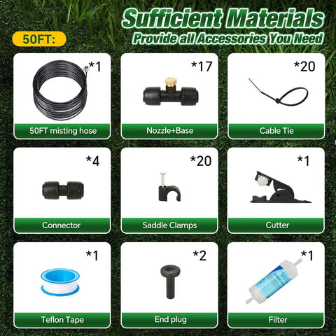 Outdoor Patio Garden Misting System 50 ft line 17 nozzles brass adapter water filter brass adapter for hose accessories