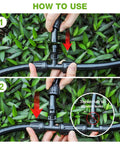 Hands connecting garden hoses with Six Pack Half Inch Drip Irrigation Tee Connectors Barbed Lock Fittings For Half Inch Tubing Leak-Proof 3-Way Coupler, step-by-step.