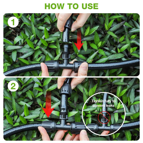 Hands connecting garden hoses with Six Pack Half Inch Drip Irrigation Tee Connectors Barbed Lock Fittings For Half Inch Tubing Leak-Proof 3-Way Coupler, step-by-step.