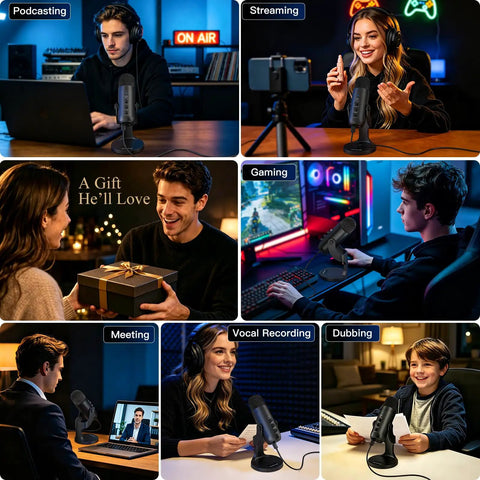 Collage of USB Podcast Microphone With Noise Cancellation For PC Mac iPhone iPad Android Includes Gain, Mute Button, Volume