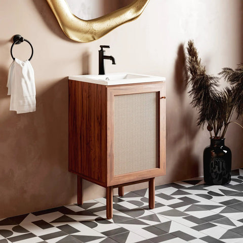 Bathroom with 18 Inch Ceramic Square Vanity Sink Top With Integrated Bowl, Top Mount Install, Scratch Resistant Non Porous Ceramic