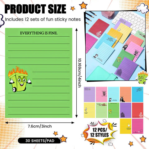 12 Pack Hilarious Funny Sticky Notes For Work 4x3 Inches Sarcastic Self Adhesive Notepads Quirky Multi Color Memo Pads