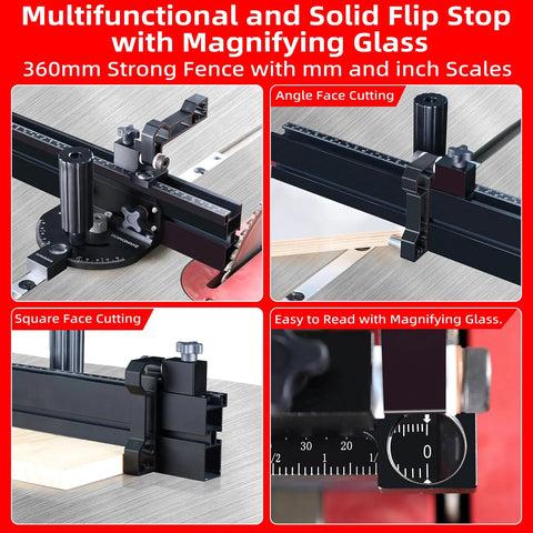 GOINGMAKE compact table saw miter gauge with 360mm fence and flip stop, front view

GOINGMAKE miter gauge for table saw, side view showing 360mm fence and adjustable flip stop

GOINGMAKE miter gauge square-face cutting setup on table saw with black fence and stop

GOINGMAKE miter gauge dial close-up with readable scale and angle stop