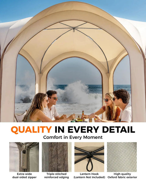 10x10 Ft Pop Up Screen House Tent With Mesh Doors Portable Instant Screen Room Gazebo UV Shield Silver Coated Mesh Easy Setup For Patio Backyard Deck Camping Outdoor Comes With Carry Bag Beige with people sitting inside, ocean view
