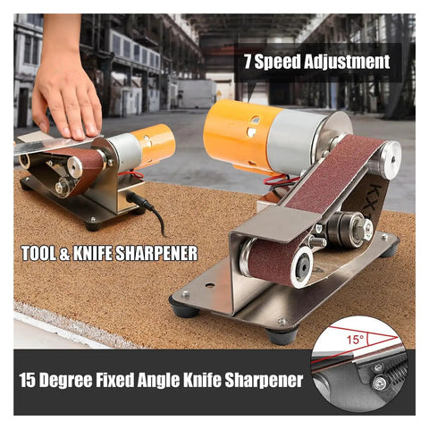 7 Speed Adjustable Electric Belt Sander Machine 15 Degree Bench Grinder with Forward Reverse Switch Copper Motor for Metalwood Deburling Polishing and DIY Crafts Heavy Duty Grinding Tool on a workbench.