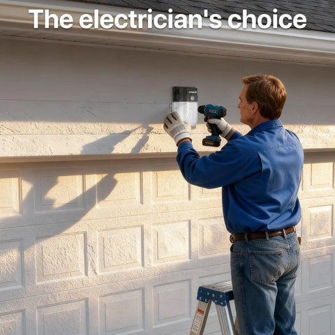 Person installing Wicked Bright 30W Outdoor Wall Pack Light With 3600 Lumens And 5000K Daylight LED Flood Lighting on garage wall.