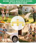Heavy Duty Brass Garden Hose Splitter Three Way With Metal Shutoff Valve And Extension Handle Three Quarter Inch Connection Outdoor Faucet Spigot Manifold For Power Splitting Water To Multiple Hoses Built Tough And Rust Resistant, brass 3-way splitter in yard use