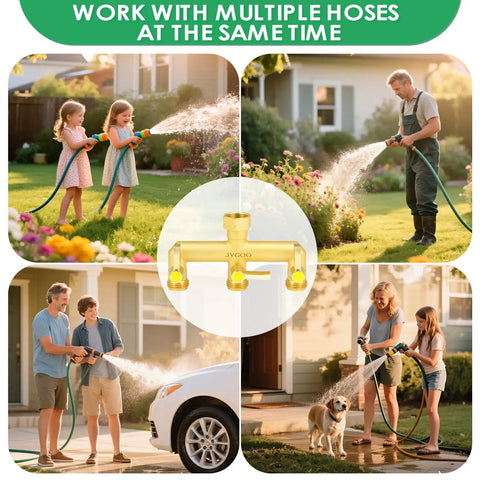Heavy Duty Brass Garden Hose Splitter Three Way With Metal Shutoff Valve And Extension Handle Three Quarter Inch Connection Outdoor Faucet Spigot Manifold For Power Splitting Water To Multiple Hoses Built Tough And Rust Resistant, brass 3-way splitter in yard use