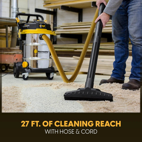 14 Gallon Wet And Dry Shop Vacuum With 65 Peak Horsepower Motor And Stainless Steel Tank featuring hose cleaning carpet.