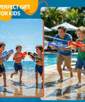 Electric Water Gun For Adults And Kids Auto Filling Squirt Gun With Long Range Epic Power Large Capacity Water Blaster For Summer Pool Beach Parties Great Gift For 6 7 8 Year Old Boys And Girls Black in use by children around a pool.