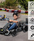 Child riding 24V Electric Go Kart For Kids With 300W Motor, Drift And Sport Modes, surrounded by info graphics, in a racing track