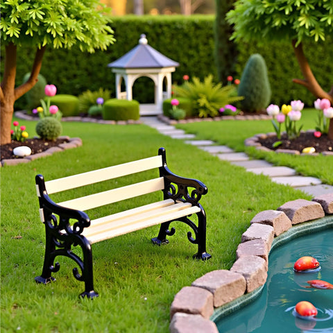 1/24 Scale Miniature Park Bench For Dollhouses, Totally Realistic Outdoor Garden Decor Kit in a landscaped dollhouse setting