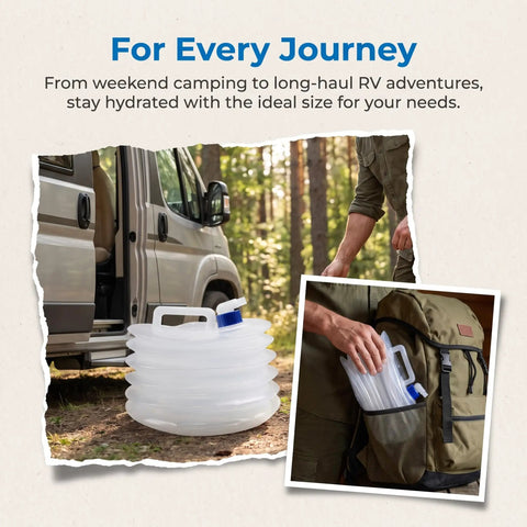 Collapsible Water Container With Spigot BPA Free Foldable Water Storage Jug for RV and camping next to van and in backpack