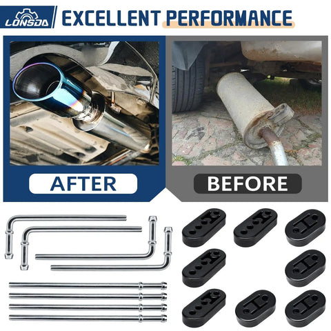 Universal Exhaust Hanger Kit For Quick Strong Mounts 16 Piece Set with visible before and after installation on vehicle