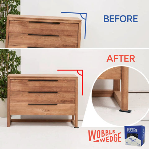 Before and after image of wooden cabinet leveled with Rigid Black Plastic Shim Wedges for DIY home improvement, 30 pack