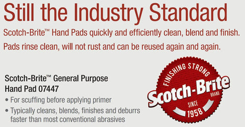 Scotch-Brite General Purpose Hand Pad promotional image with product details and logo.