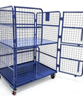 Heavy Duty Foldable Warehouse Trolley Built Like A Tank With Secure Steel Mesh Bins Four Swing Lock Doors And 1100 Pound Load Capacity industrial cart with blue steel mesh design and wheels.