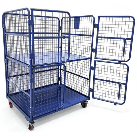 Heavy Duty Foldable Warehouse Trolley Built Like A Tank With Secure Steel Mesh Bins Four Swing Lock Doors And 1100 Pound Load Capacity industrial cart with blue steel mesh design and wheels.