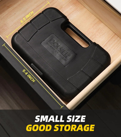 Compact 9 Piece Homeowner Tool Set With Grab And Go Portable Plastic Storage Case for Easy DIY Repairs shown in a drawer