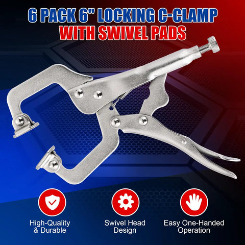 Six Pack Six Inch Locking C Clamps Set With Beefy Grip Locking Pliers Adjustable Clamp Quick Release Swivel Pads High Strength CR-V Steel
