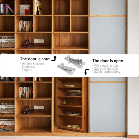 Heavy Duty Stainless Steel Door Pivot Hinge For Wood Doors Hidden 360 Degree Rotation Revolving Door Hardware For Bookshelves Secret Doors And Invisible Pivot Door Kit installed in a wooden bookshelf creating a secret door.