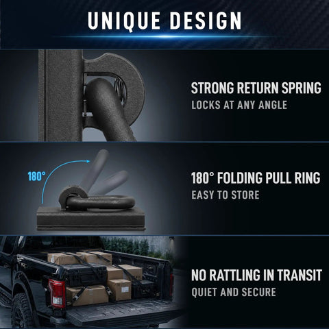Rock Solid Ford Boxlink Tie Down Anchors 4 Pack Heavy Duty Truck Bed Mounting Cleats with 180° folding pull ring design.