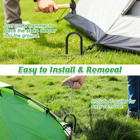 Heavy Duty Trampoline Stakes 12 Pack 12 Inch Ground Anchors U Shaped Galvanized Steel securing a tent corner