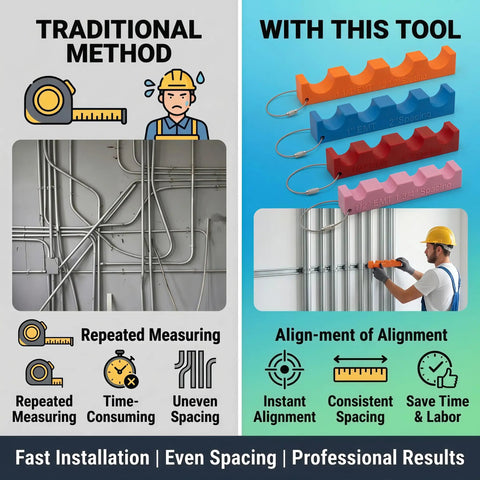 EMT Conduit Spacer Kit For Electricians 4 Piece Set With Magnetic Spacers And Precision Offsets For One And Three Quarter Inches, Two Inches, And Two And A Half Inches Pipe Runs Pro Grade Tool For Neat Code Worthy Wiring, shown in use