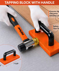 All-In-One 45-Piece Laminate Flooring Tools Kit with tapping block and handle, shown with double-faced mallet on wood floor.
