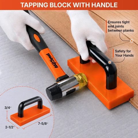 All-In-One 45-Piece Laminate Flooring Tools Kit with tapping block and handle, shown with double-faced mallet on wood floor.