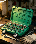 Heavy Duty 12 Point Ratchet Socket Set With Power Drill Adapter Kit For Easy Bolt Removal And Smooth Torque Distribution In Your Garage Or Workshop Plus Storage Case, green case open