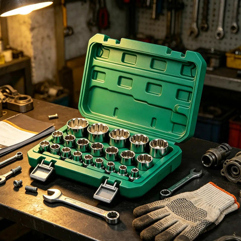 Heavy Duty 12 Point Ratchet Socket Set With Power Drill Adapter Kit For Easy Bolt Removal And Smooth Torque Distribution In Your Garage Or Workshop Plus Storage Case, green case open