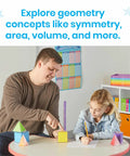 Teacher using Foldable 3D Geometry Shapes Set for Classrooms with student, demonstrating spatial reasoning tools and teaching shapes.