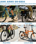 Crank arms for various bike types including mountain, travel, road, and leisure bikes displayed in outdoor settings.