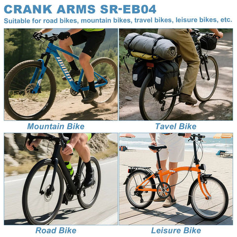 Crank arms for various bike types including mountain, travel, road, and leisure bikes displayed in outdoor settings.