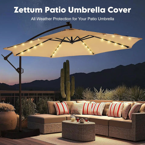 Heavy Duty 600D Patio Umbrella Cover For Cantilever And Offset Umbrellas, Waterproof And Weatherproof, Fits 7.5 To 11.5 Foot Umbrellas, Large Banana Parasol Cover For Outdoor All Weather Protection at night on patio with sofa set