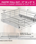 Heavy Duty Pull Out Cabinet Organizer Slide Out Pantry Shelf with chrome wire design, dimensions 17" W x 21" D.