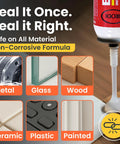 Industrial RTV Silicone Gasket Maker Sealant With Auto Dispensing Nozzle shown sealing wood and metal surfaces, non-corrosive.