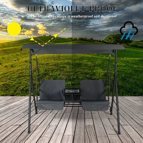 Two Seat Outdoor Patio Swing Chair With Canopy And Cooler Removable Cushions Weather Resistant Steel Frame Gray