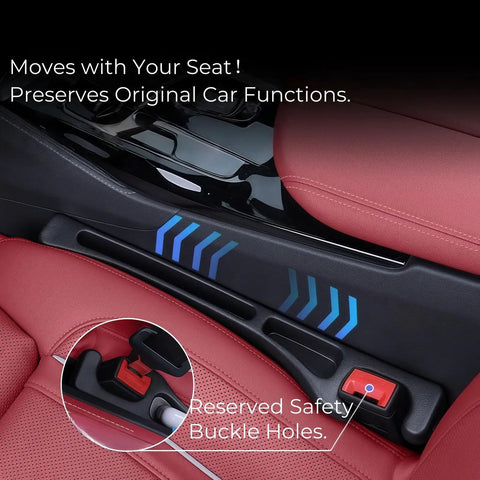 Car Seat Gap Filler 2 Pack No Drop Organizer With Phone Holder Universal Fit in black installed in car with red seats.