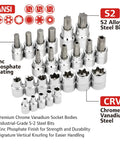 66-Piece Master Torx and Specialty Bit Socket Set with S2 Steel Bits and Chrome Vanadium Socket Bodies displayed with labels.