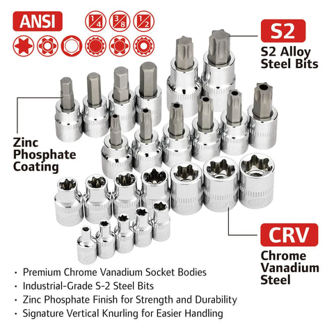 66-Piece Master Torx and Specialty Bit Socket Set with S2 Steel Bits and Chrome Vanadium Socket Bodies displayed with labels.