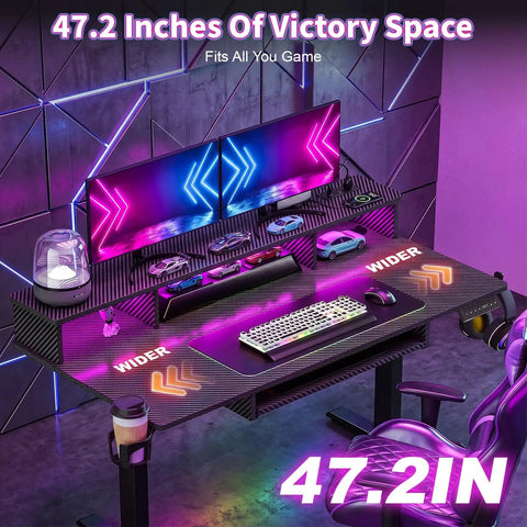 Level Up Your Gaming Space With This Electric Standing Desk That Offers Smooth Height Adjustment Customizable Rgb Lighting And Fast Usb Charging For Cool Setups, featuring 47.2 inch wide surface in sleek design.