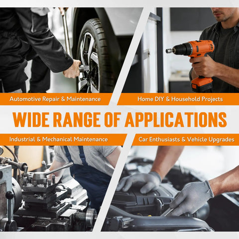 Collage showing uses of 16 Piece Bolt Extractor Kit for automotive repair, home DIY, industrial maintenance, and car upgrades.