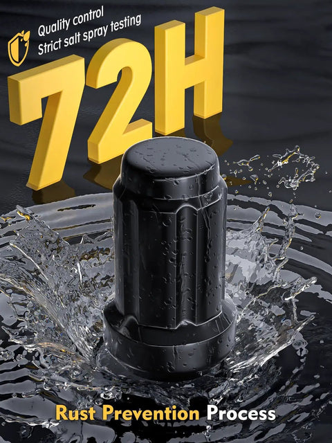 Black lug nut in water with 72H salt spray testing text, highlighting rust prevention for M12x1.5 Spline Lug Nuts Replacement for Honda Civic Accord CR-V Camry RAV4 Sienna and More Black 20 Piece Set Closed End Wheel Hardware That Stays Tight and Secure