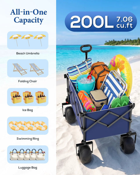Beach Wagon With 9 Inch Balloon Wheels For Sand 200L Cart loaded with beach gear on sandy shoreline