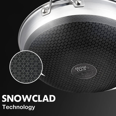 Bottom view of 13 Inch Hybrid Wok Pan With Nonstick Coating For Effortless Stir Fry showing Snowclad technology and textured surface.